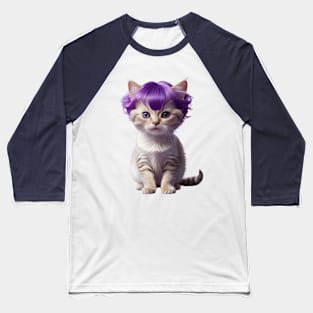 Funny purple wig cute kitty kitten fashion cat Baseball T-Shirt